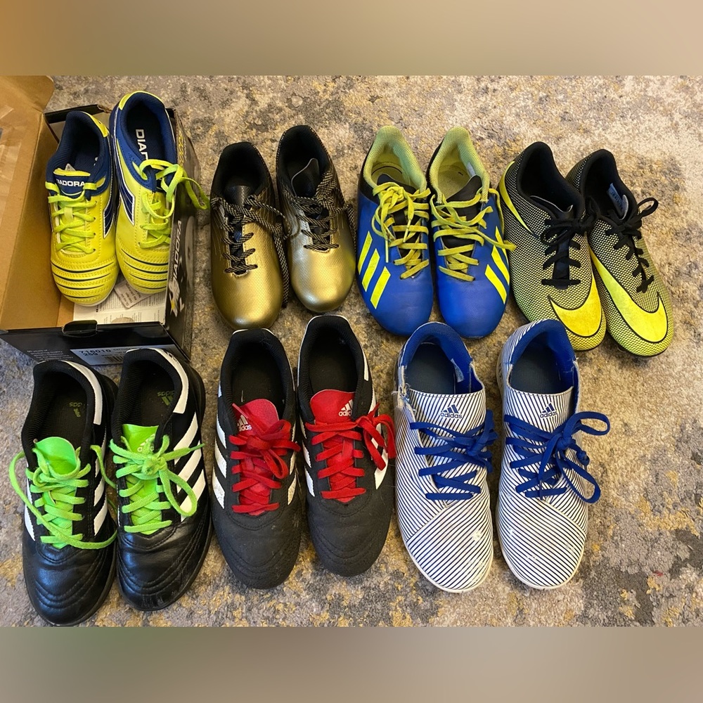 New and gently used soccer cleats sizes 13 through 4. Some with tags and box